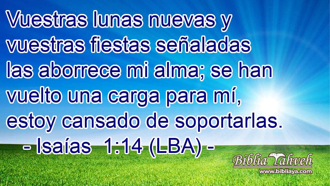 Vuestras lunas nuevas y vuestras fiestas señaladas las aborrece mi alma; se han vuelto una carga para mí, estoy cansado de soportarlas.