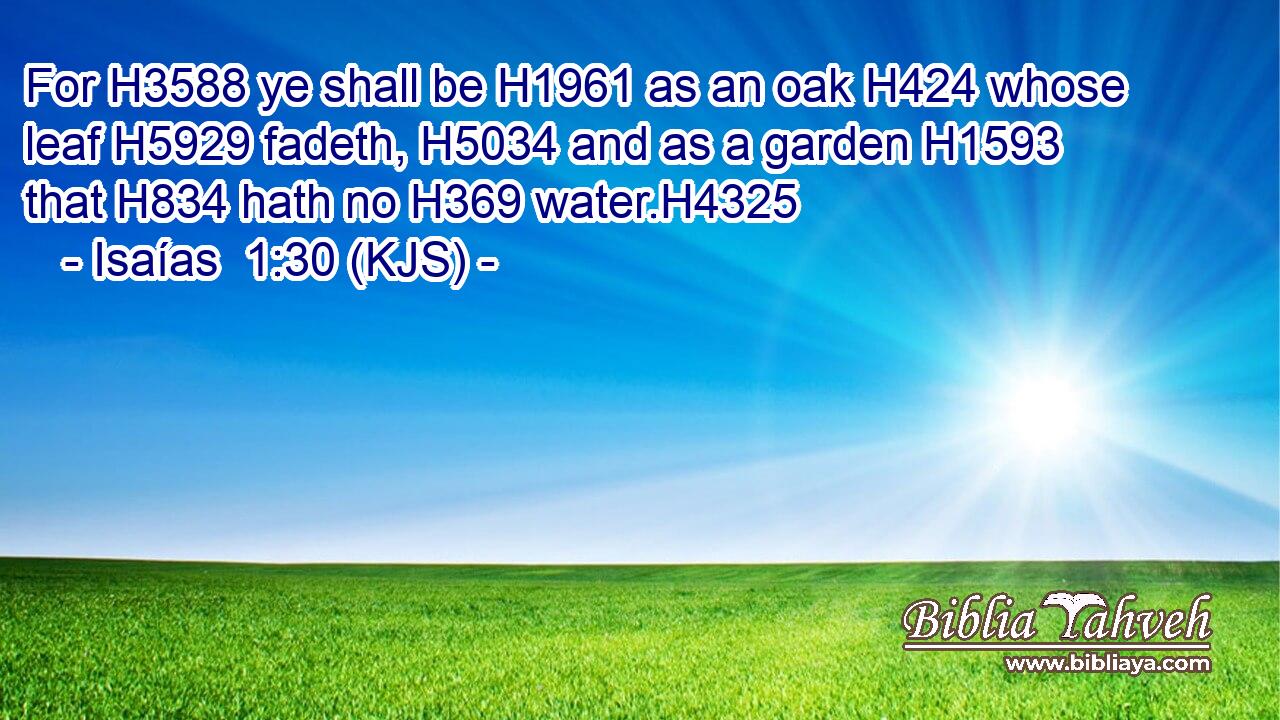 For H3588 ye shall be H1961 as an oak H424 whose leaf H5929 fadeth, H5034 and as a garden H1593 that H834 hath no H369 water.H4325