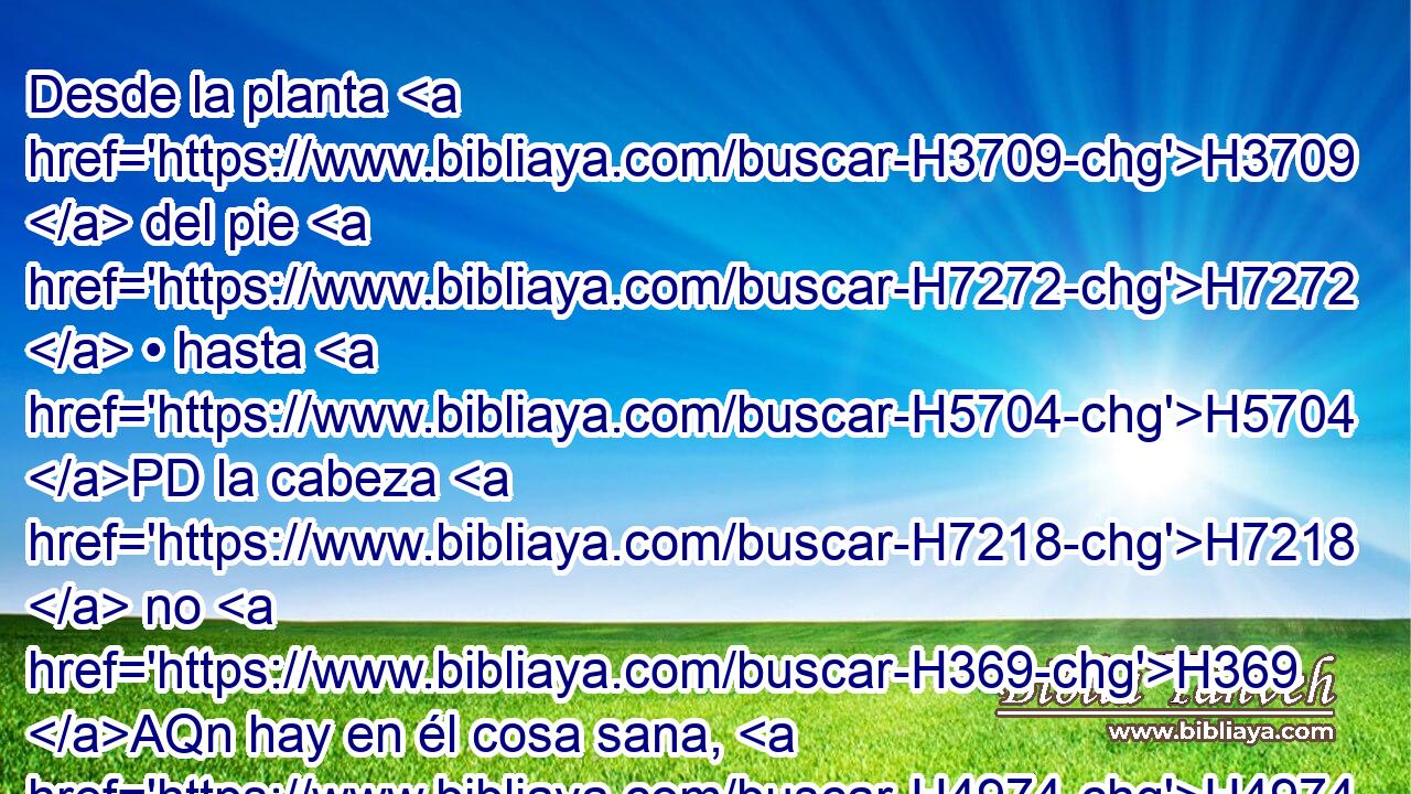 Desde la planta H3709  del pie H7272  • hasta H5704 PD la cabeza H7218  no H369 AQn hay en él cosa sana, H4974  sino herida, H6482  • hinchazón H2250  y podrida llaga; H4347  H2961 no H3808 ANN H2115 están curadas, H2213  • ni H3808 ANN vendadas, H2280  • ni H3808 ANN suavizadas H7401  con • aceite. H8081  