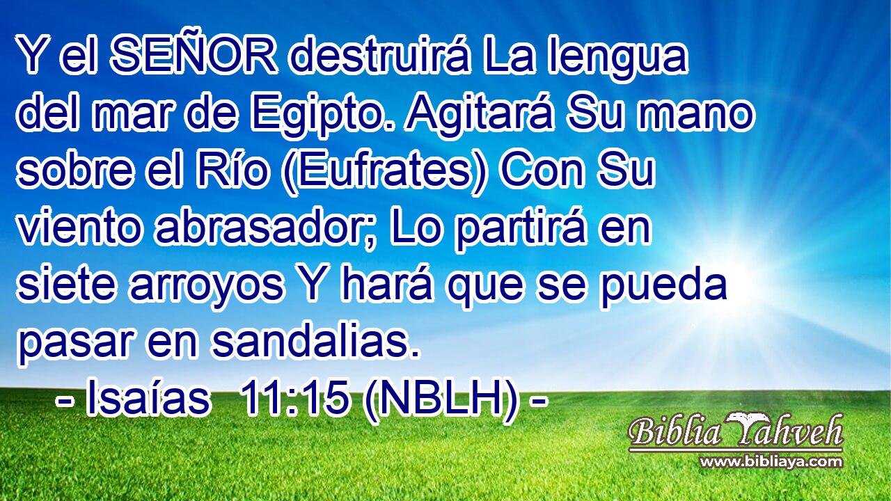  Y el SEÑOR destruirá La lengua del mar de Egipto. Agitará Su mano sobre el Río (Eufrates) Con Su viento abrasador; Lo partirá en siete arroyos Y hará que se pueda pasar en sandalias. 