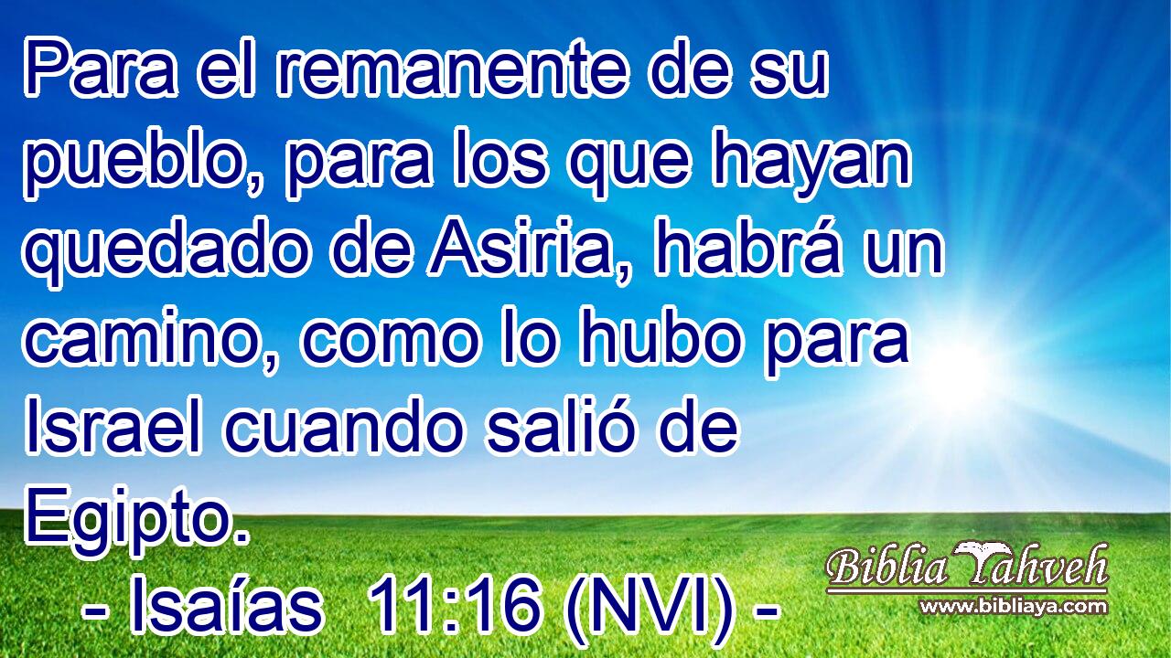  Para el remanente de su pueblo, para los que hayan quedado de Asiria, habrá un camino, como lo hubo para Israel cuando salió de Egipto. 