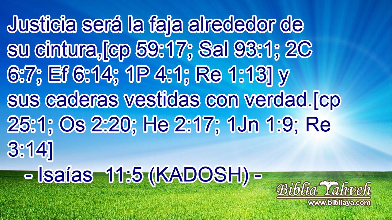  Justicia será la faja alrededor de su cintura,[cp 59:17; Sal 93:1; 2C 6:7; Ef 6:14; 1P 4:1; Re 1:13] y sus caderas vestidas con verdad.[cp 25:1; Os 2:20; He 2:17; 1Jn 1:9; Re 3:14] 