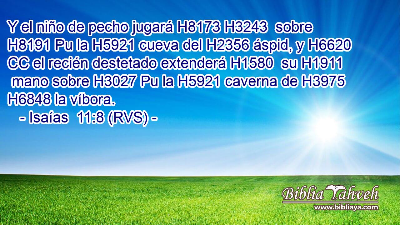 Y el niño de pecho jugará H8173 H3243  sobre H8191 Pu la H5921 cueva del H2356 áspid, y H6620 CC el recién destetado extenderá H1580  su H1911  mano sobre H3027 Pu la H5921 caverna de H3975 H6848 la víbora. 