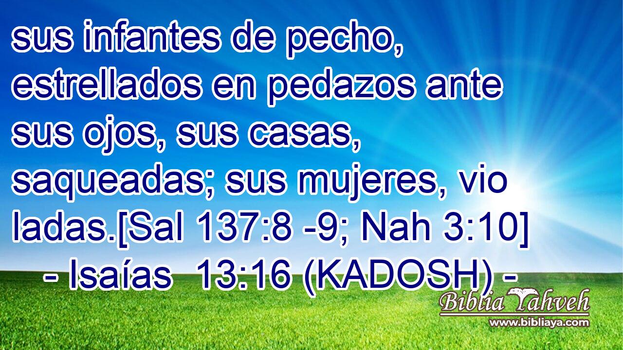  sus infantes de pecho, estrellados en pedazos ante sus ojos, sus casas, saqueadas; sus mujeres, vio ladas.[Sal 137:8 -9; Nah 3:10] 