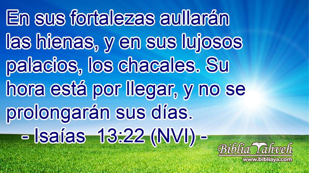 En sus fortalezas aullarán las hienas, y en sus lujosos palacios, los chacales. Su hora está por llegar, y no se prolongarán sus días. 