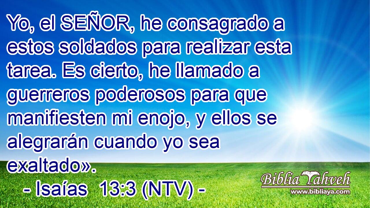 Yo, el SEÑOR, he consagrado a estos soldados para realizar esta tarea. Es cierto, he llamado a guerreros poderosos para que manifiesten mi enojo, y ellos se alegrarán cuando yo sea exaltado».