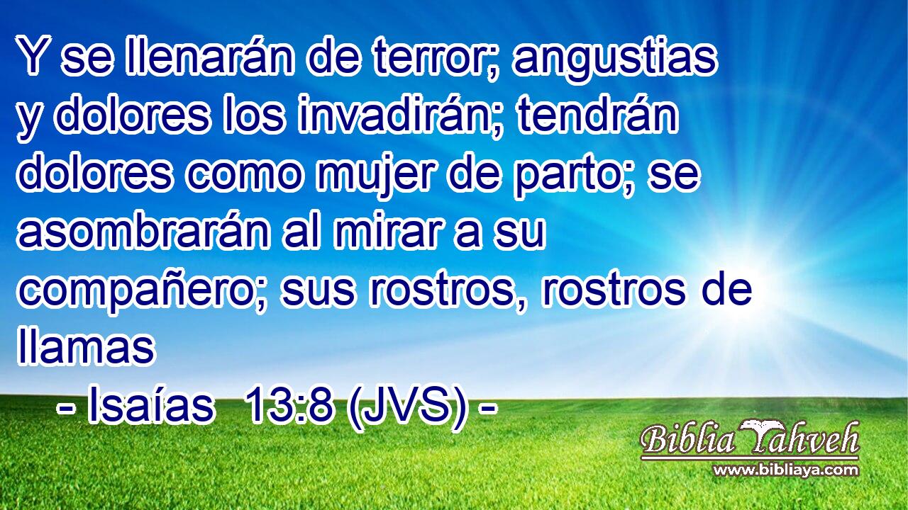 Y se llenarán de terror; angustias y dolores los invadirán; tendrán dolores como mujer de parto; se asombrarán al mirar a su compañero; sus rostros, rostros de llamas