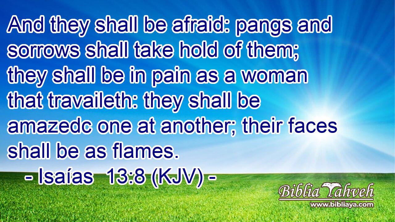 And they shall be afraid: pangs and sorrows shall take hold of them; they shall be in pain as a woman that travaileth: they shall be amazedc one at another; their faces shall be as flames.