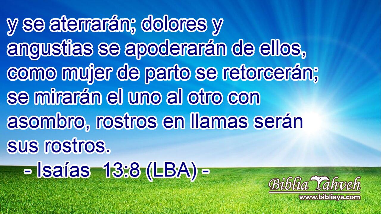 y se aterrarán; dolores y angustias se apoderarán de ellos, como mujer de parto se retorcerán; se mirarán el uno al otro con asombro, rostros en llamas serán sus rostros.