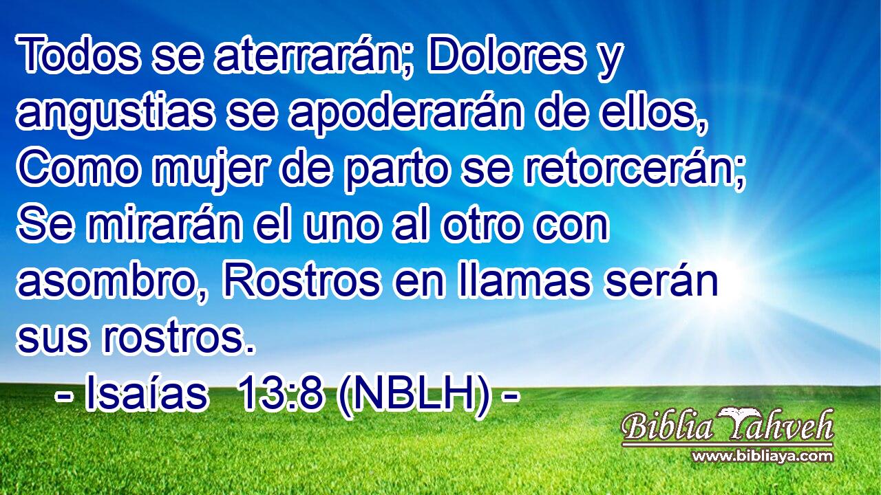  Todos se aterrarán; Dolores y angustias se apoderarán de ellos, Como mujer de parto se retorcerán; Se mirarán el uno al otro con asombro, Rostros en llamas serán sus rostros. 