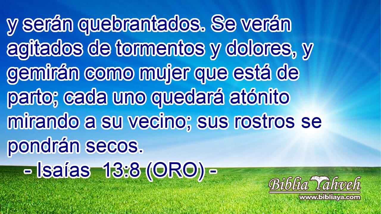  y serán quebrantados. Se verán agitados de tormentos y dolores, y gemirán como mujer que está de parto; cada uno quedará atónito mirando a su vecino; sus rostros se pondrán secos. 