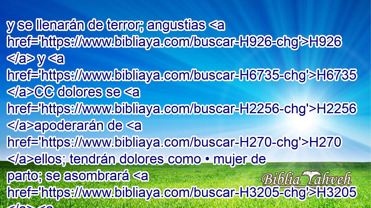 y se llenarán de terror; angustias H926  y H6735 CC dolores se H2256 apoderarán de H270 ellos; tendrán dolores como • mujer de parto; se asombrará H3205  H2342 « cada cual » * al H8539 H6440 H3851 H6440 mirar H376 a su compañero; H413  sus rostros, H7453  rostros de llamas. 