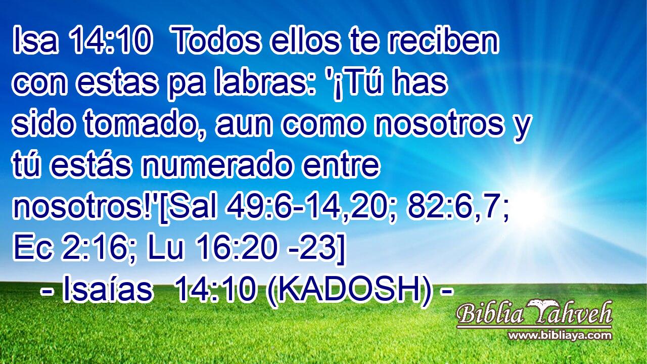  Todos ellos te reciben con estas pa labras: '¡Tú has sido tomado, aun como nosotros y tú estás numerado entre nosotros!'[Sal 49:6-14,20; 82:6,7; Ec 2:16; Lu 16:20 -23] 