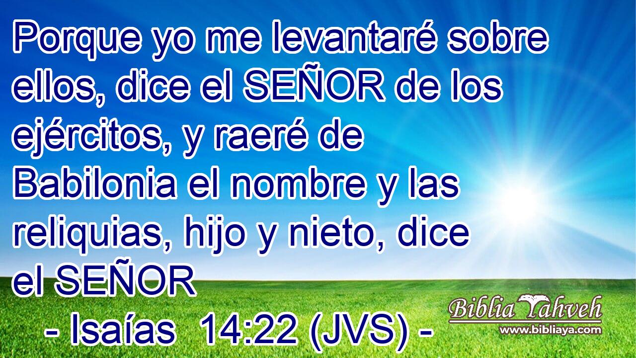 Porque yo me levantaré sobre ellos, dice el SEÑOR de los ejércitos, y raeré de Babilonia el nombre y las reliquias, hijo y nieto, dice el SEÑOR