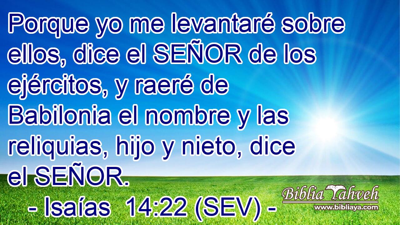 Porque yo me levantaré sobre ellos, dice el SEÑOR de los ejércitos, y raeré de Babilonia el nombre y las reliquias, hijo y nieto, dice el SEÑOR.