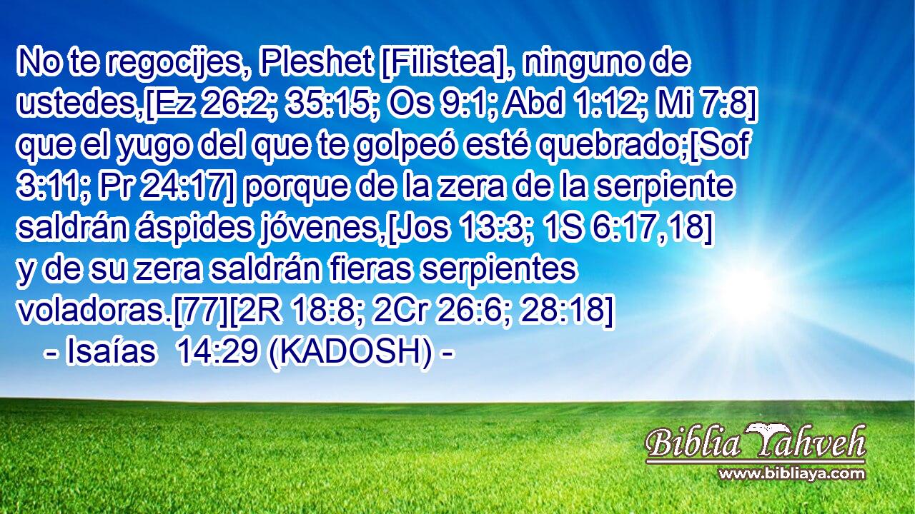  No te regocijes, Pleshet [Filistea], ninguno de ustedes,[Ez 26:2; 35:15; Os 9:1; Abd 1:12; Mi 7:8] que el yugo del que te golpeó esté quebrado;[Sof 3:11; Pr 24:17] porque de la zera de la serpiente saldrán áspides jóvenes,[Jos 13:3; 1S 6:17,18] y de su zera saldrán fieras serpientes voladoras.[77][2R 18:8; 2Cr 26:6; 28:18] 