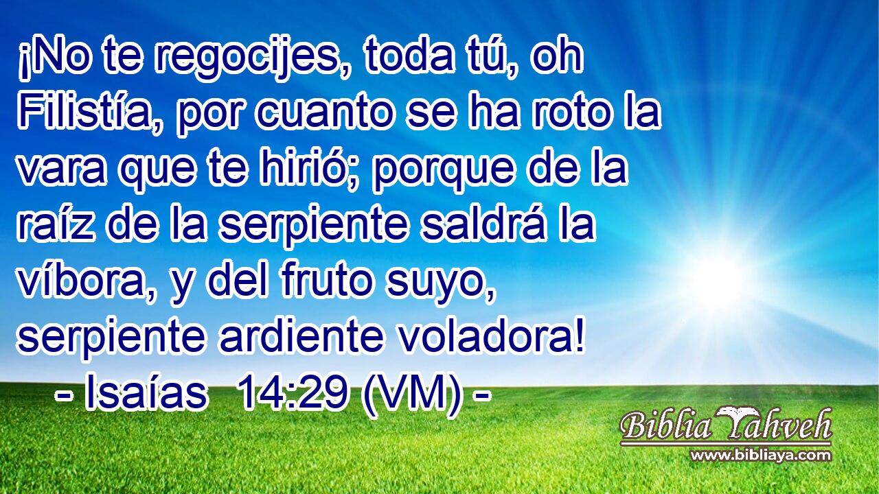  ¡No te regocijes, toda tú, oh Filistía, por cuanto se ha roto la vara que te hirió; porque de la raíz de la serpiente saldrá la víbora, y del fruto suyo, serpiente ardiente voladora! 