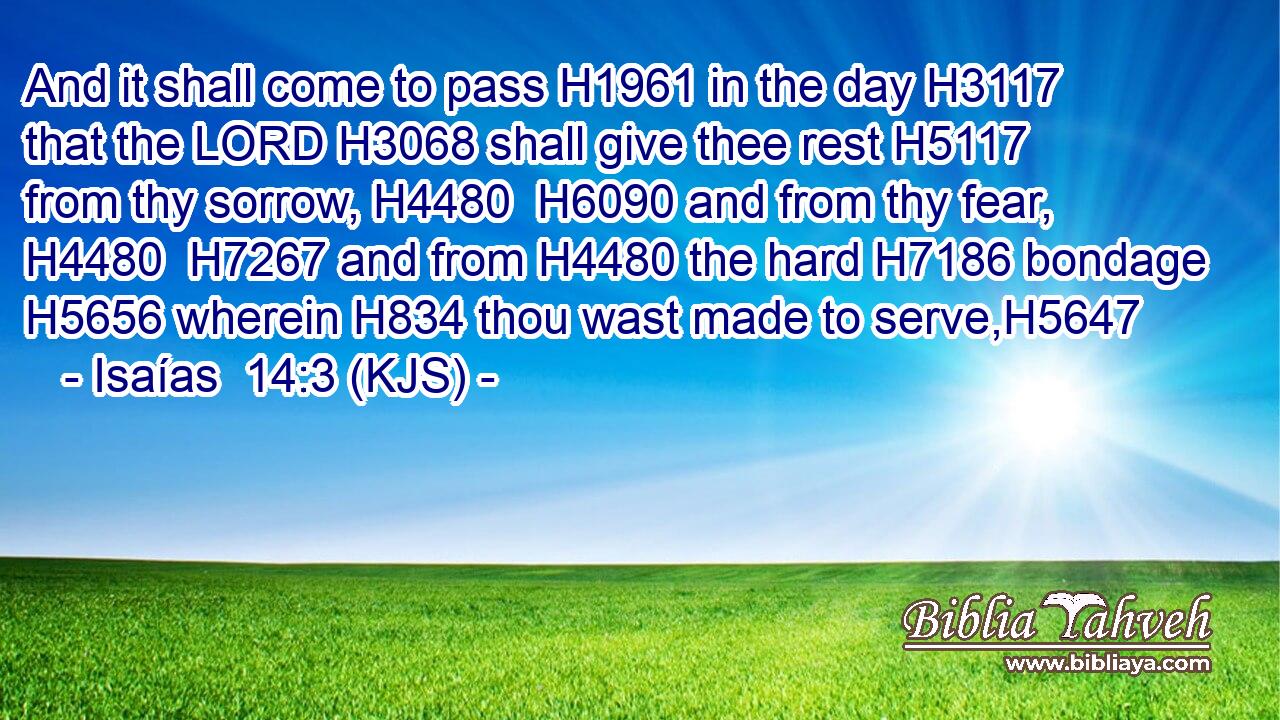 And it shall come to pass H1961 in the day H3117 that the LORD H3068 shall give thee rest H5117 from thy sorrow, H4480  H6090 and from thy fear, H4480  H7267 and from H4480 the hard H7186 bondage H5656 wherein H834 thou wast made to serve,H5647