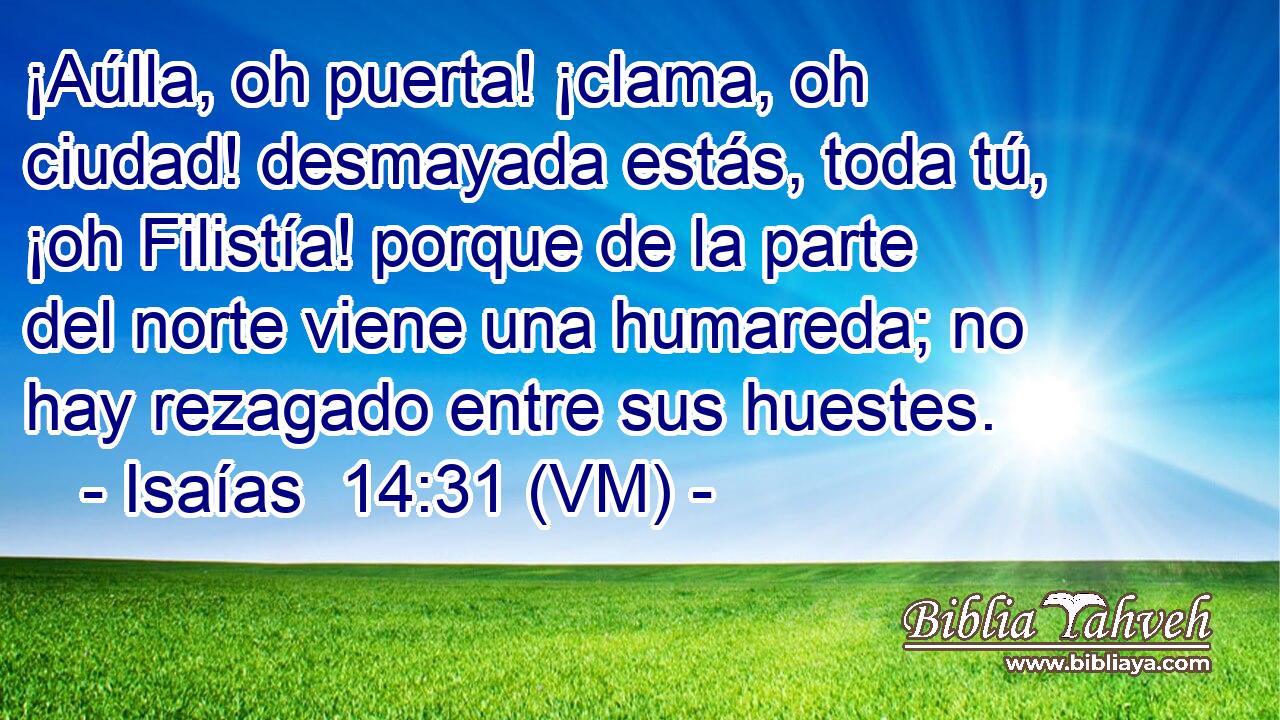  ¡Aúlla, oh puerta! ¡clama, oh ciudad! desmayada estás, toda tú, ¡oh Filistía! porque de la parte del norte viene una humareda; no hay rezagado entre sus huestes. 