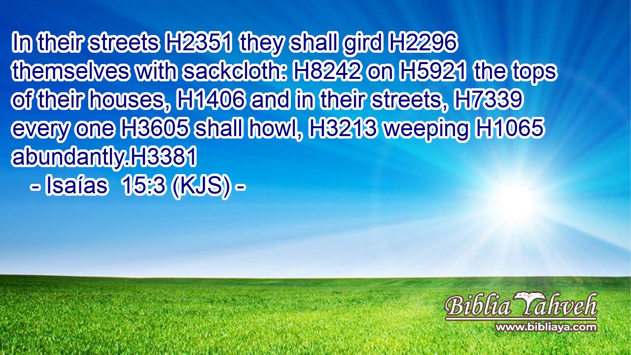 In their streets H2351 they shall gird H2296 themselves with sackcloth: H8242 on H5921 the tops of their houses, H1406 and in their streets, H7339 every one H3605 shall howl, H3213 weeping H1065 abundantly.H3381