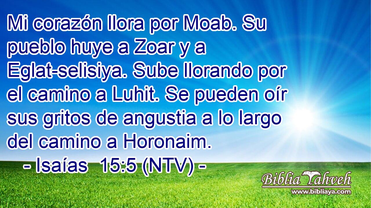 Mi corazón llora por Moab. Su pueblo huye a Zoar y a Eglat-selisiya. Sube llorando por el camino a Luhit. Se pueden oír sus gritos de angustia a lo largo del camino a Horonaim.
