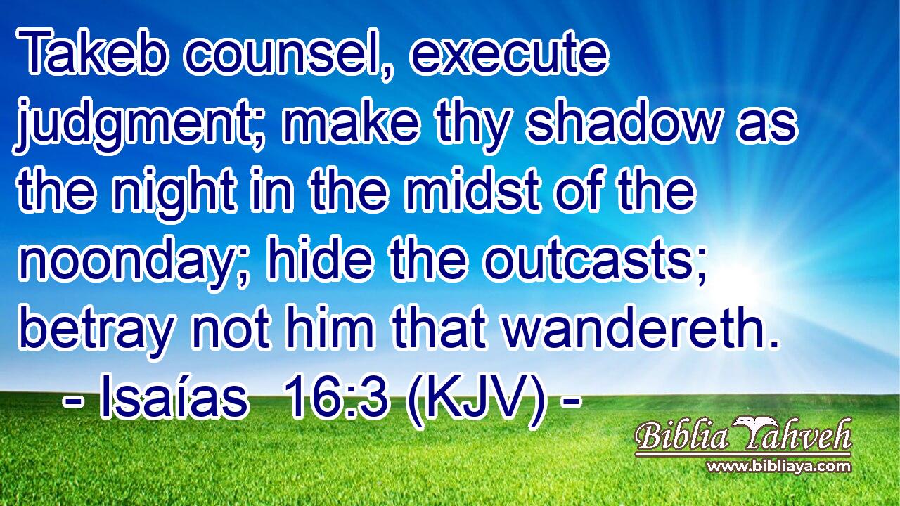 Takeb counsel, execute judgment; make thy shadow as the night in the midst of the noonday; hide the outcasts; betray not him that wandereth.