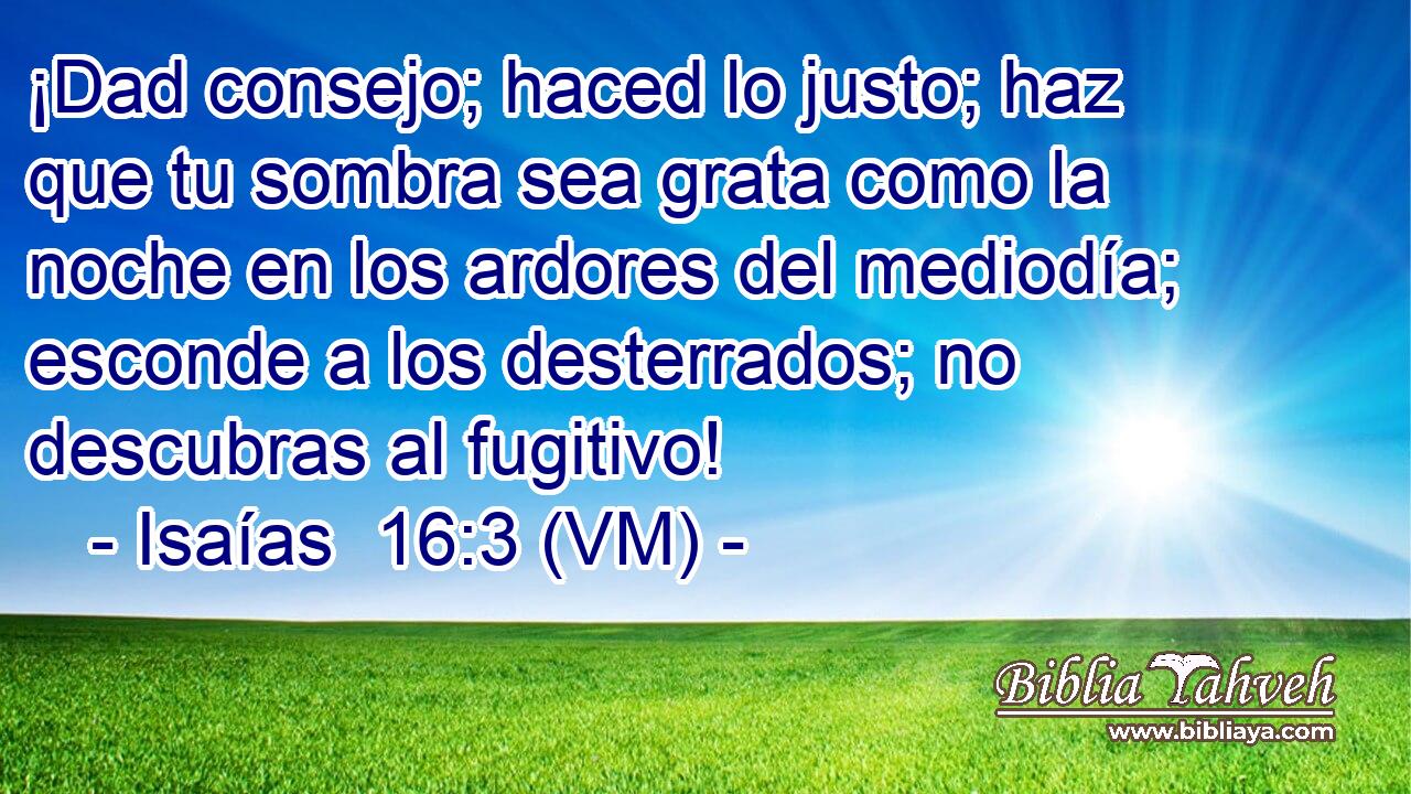  ¡Dad consejo; haced lo justo; haz que tu sombra sea grata como la noche en los ardores del mediodía; esconde a los desterrados; no descubras al fugitivo! 