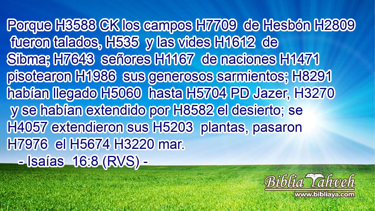 Porque H3588 CK los campos H7709  de Hesbón H2809  fueron talados, H535  y las vides H1612  de Sibma; H7643  señores H1167  de naciones H1471  pisotearon H1986  sus generosos sarmientos; H8291  habían llegado H5060  hasta H5704 PD Jazer, H3270  y se habían extendido por H8582 el desierto; se H4057 extendieron sus H5203  plantas, pasaron H7976  el H5674 H3220 mar. 
