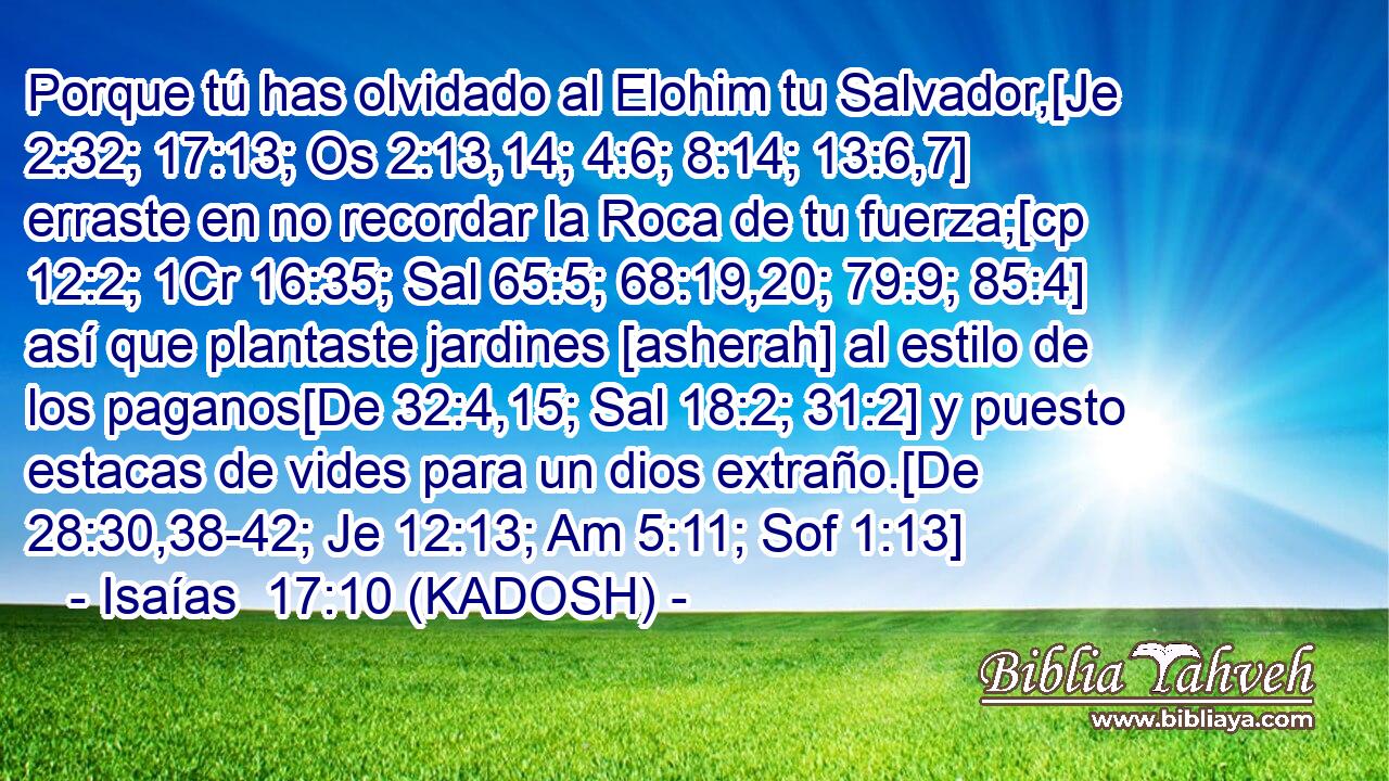  Porque tú has olvidado al Elohim tu Salvador,[Je 2:32; 17:13; Os 2:13,14; 4:6; 8:14; 13:6,7] erraste en no recordar la Roca de tu fuerza;[cp 12:2; 1Cr 16:35; Sal 65:5; 68:19,20; 79:9; 85:4] así que plantaste jardines [asherah] al estilo de los paganos[De 32:4,15; Sal 18:2; 31:2] y puesto estacas de vides para un dios extraño.[De 28:30,38-42; Je 12:13; Am 5:11; Sof 1:13] 