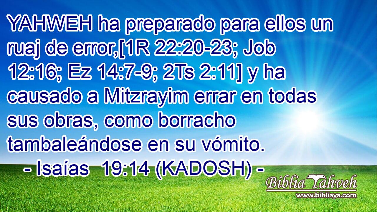  YAHWEH ha preparado para ellos un ruaj de error,[1R 22:20-23; Job 12:16; Ez 14:7-9; 2Ts 2:11] y ha causado a Mitzrayim errar en todas sus obras, como borracho tambaleándose en su vómito. 