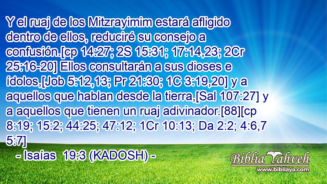  Y el ruaj de los Mitzrayimim estará afligido dentro de ellos, reduciré su consejo a confusión.[cp 14:27; 2S 15:31; 17:14,23; 2Cr 25:16-20] Ellos consultarán a sus dioses e ídolos,[Job 5:12,13; Pr 21:30; 1C 3:19,20] y a aquellos que hablan desde la tierra,[Sal 107:27] y a aquellos que tienen un ruaj adivinador.[88][cp 8:19; 15:2; 44:25; 47:12; 1Cr 10:13; Da 2:2; 4:6,7 5:7] 