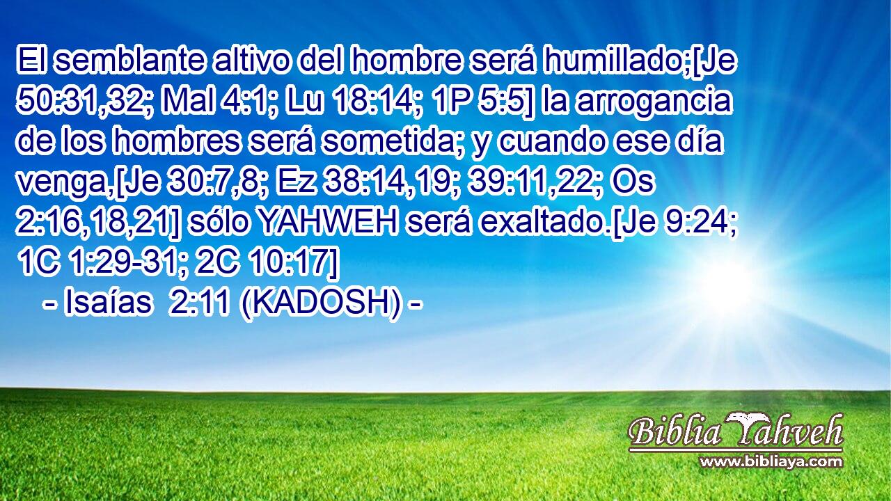  El semblante altivo del hombre será humillado;[Je 50:31,32; Mal 4:1; Lu 18:14; 1P 5:5] la arrogancia de los hombres será sometida; y cuando ese día venga,[Je 30:7,8; Ez 38:14,19; 39:11,22; Os 2:16,18,21] sólo YAHWEH será exaltado.[Je 9:24; 1C 1:29-31; 2C 10:17] 