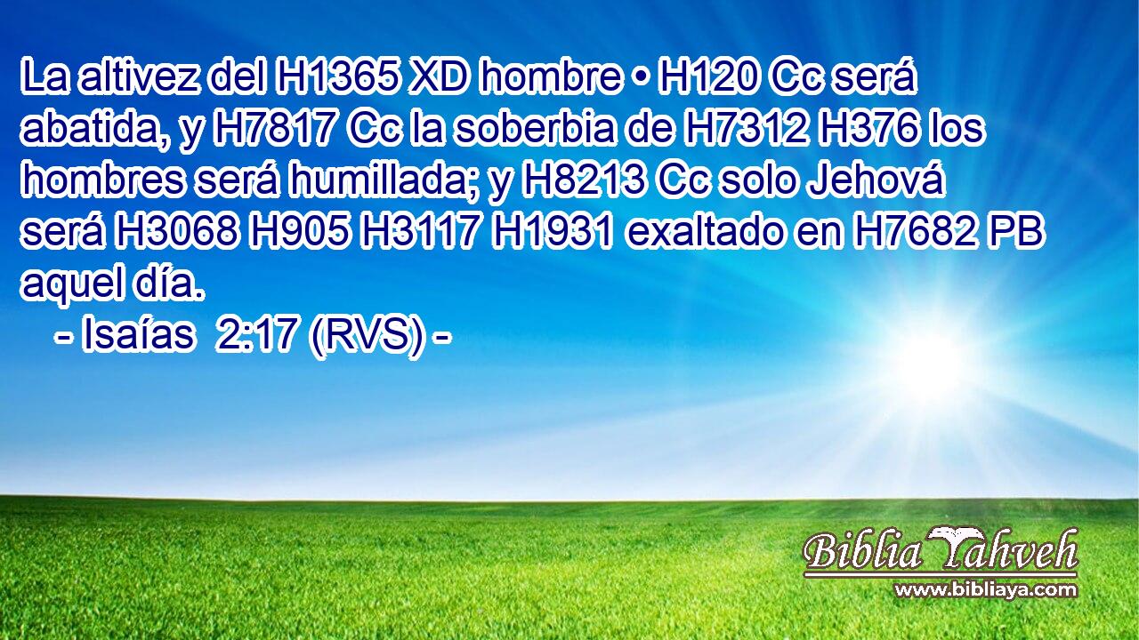 La altivez del H1365 XD hombre • H120 Cc será abatida, y H7817 Cc la soberbia de H7312 H376 los hombres será humillada; y H8213 Cc solo Jehová será H3068 H905 H3117 H1931 exaltado en H7682 PB aquel día. 