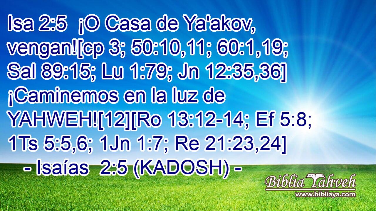  ¡O Casa de Ya'akov, vengan![cp 3; 50:10,11; 60:1,19; Sal 89:15; Lu 1:79; Jn 12:35,36] ¡Caminemos en la luz de YAHWEH![12][Ro 13:12-14; Ef 5:8; 1Ts 5:5,6; 1Jn 1:7; Re 21:23,24] 
