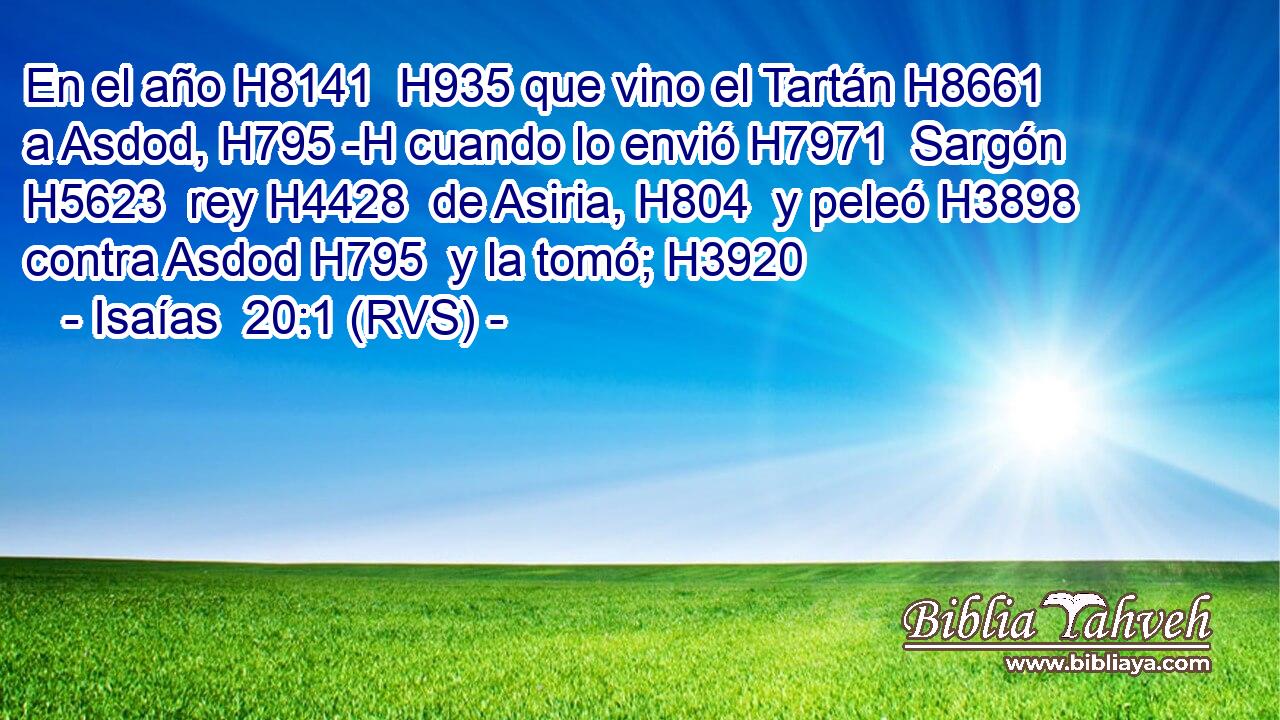 En el año H8141  H935 que vino el Tartán H8661  a Asdod, H795 -H cuando lo envió H7971  Sargón H5623  rey H4428  de Asiria, H804  y peleó H3898  contra Asdod H795  y la tomó; H3920  