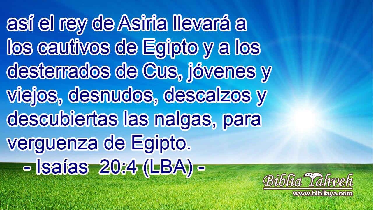 así el rey de Asiria llevará a los cautivos de Egipto y a los desterrados de Cus, jóvenes y viejos, desnudos, descalzos y descubiertas las nalgas, para verguenza de Egipto.