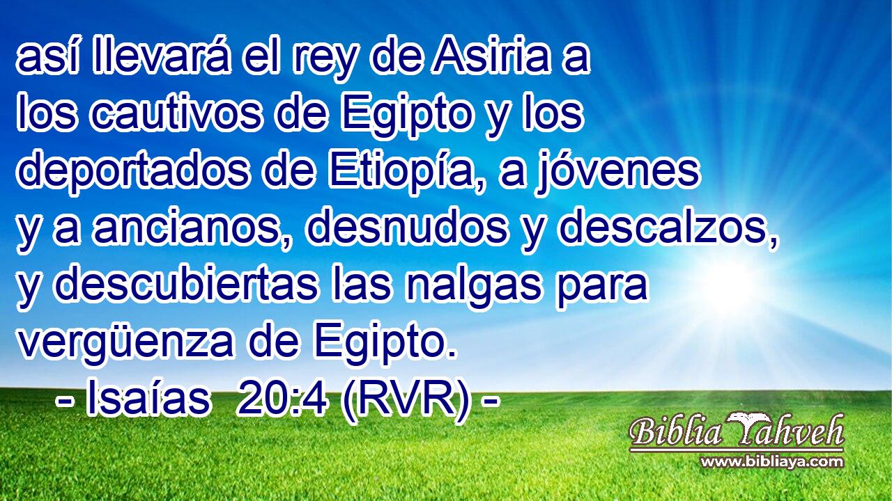 así llevará el rey de Asiria a los cautivos de Egipto y los deportados de Etiopía, a jóvenes y a ancianos, desnudos y descalzos, y descubiertas las nalgas para vergüenza de Egipto.