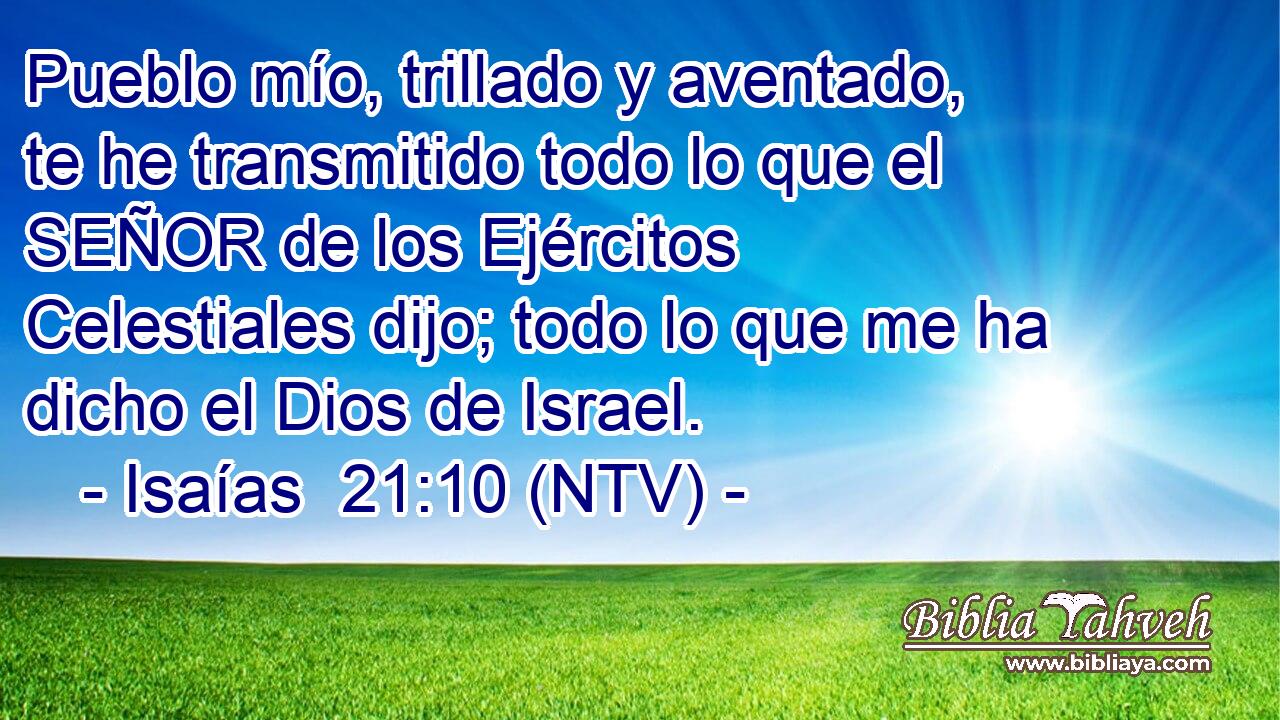 Pueblo mío, trillado y aventado, te he transmitido todo lo que el SEÑOR de los Ejércitos Celestiales dijo; todo lo que me ha dicho el Dios de Israel.