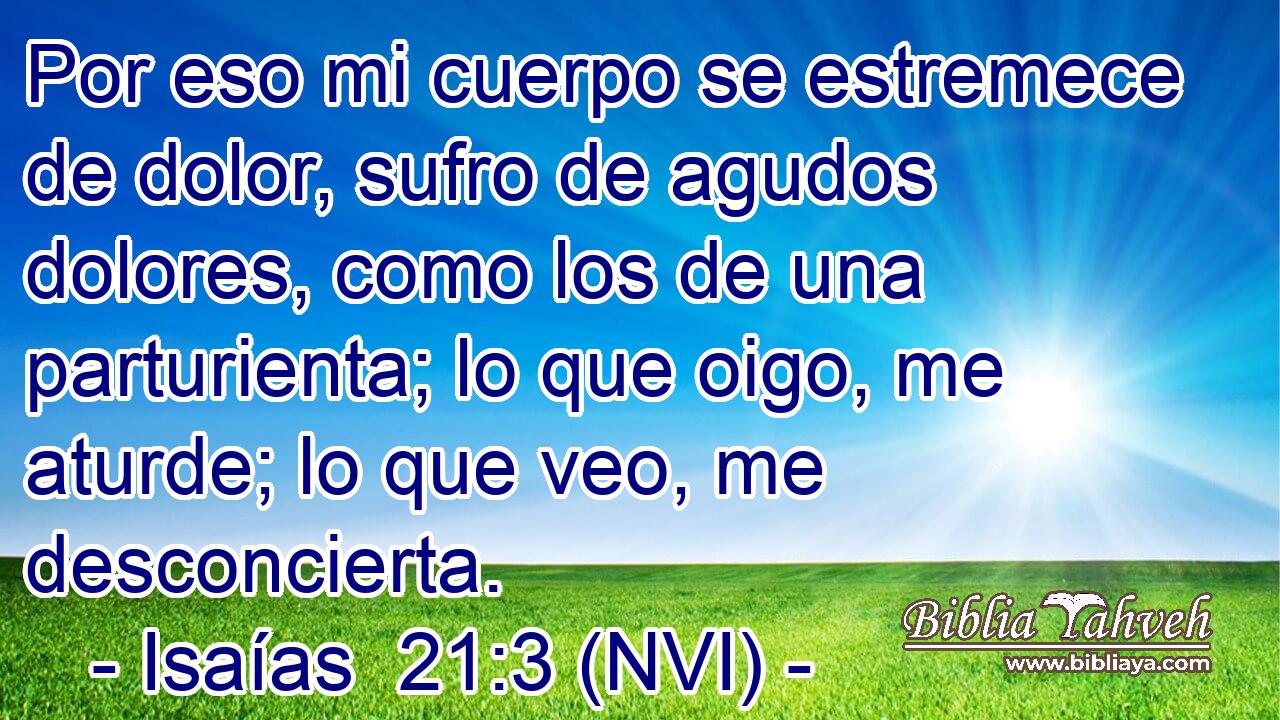  Por eso mi cuerpo se estremece de dolor, sufro de agudos dolores, como los de una parturienta; lo que oigo, me aturde; lo que veo, me desconcierta. 