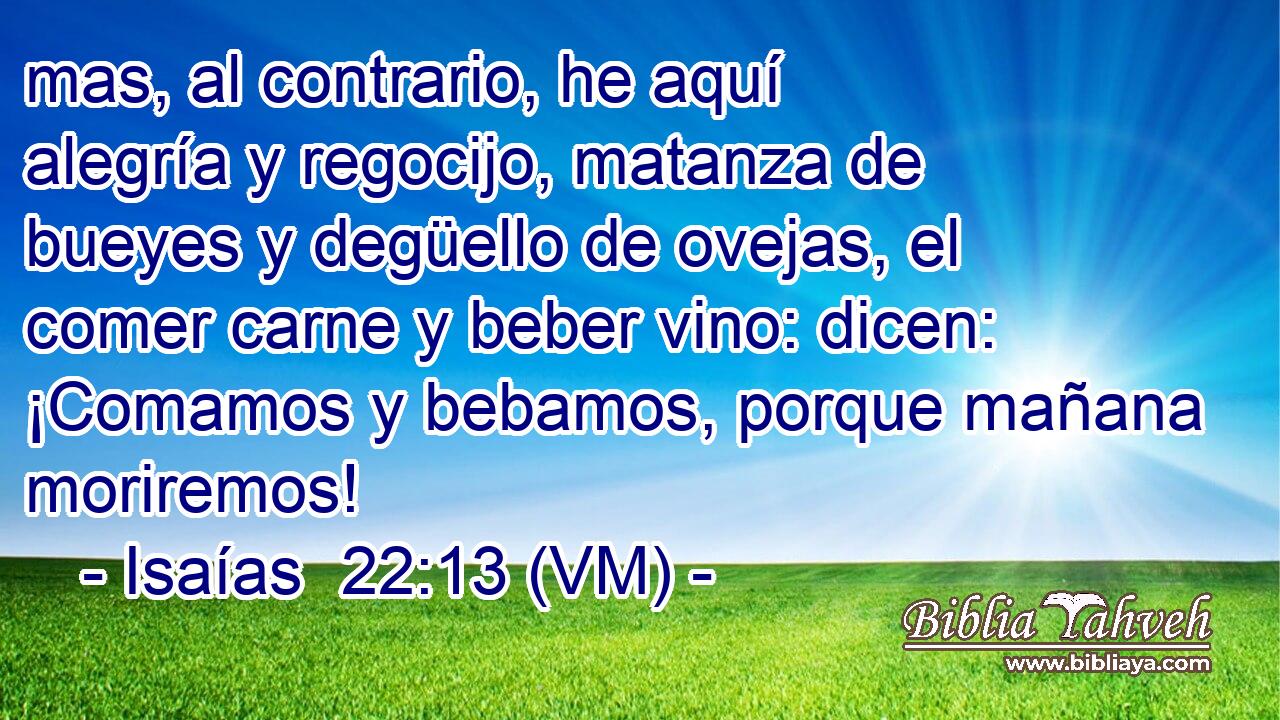  mas, al contrario, he aquí alegría y regocijo, matanza de bueyes y degüello de ovejas, el comer carne y beber vino: dicen: ¡Comamos y bebamos, porque mañana moriremos! 
