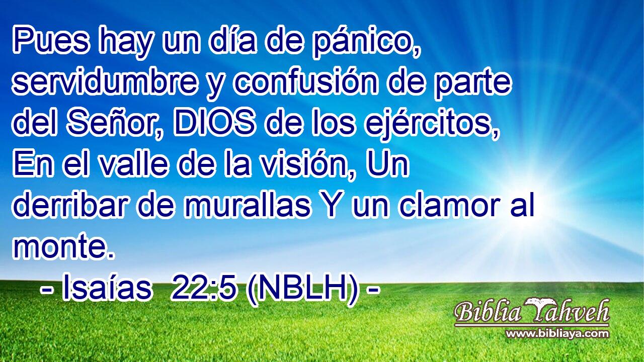  Pues hay un día de pánico, servidumbre y confusión de parte del Señor, DIOS de los ejércitos, En el valle de la visión, Un derribar de murallas Y un clamor al monte. 