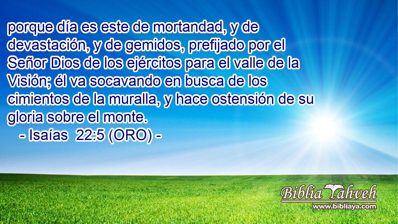  porque día es este de mortandad, y de devastación, y de gemidos, prefijado por el Señor Dios de los ejércitos para el valle de la Visión; él va socavando en busca de los cimientos de la muralla, y hace ostensión de su gloria sobre el monte. 