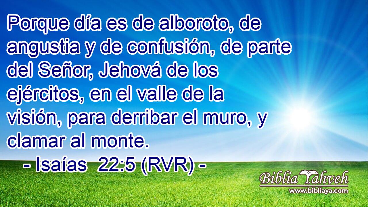 Porque día es de alboroto, de angustia y de confusión, de parte del Señor, Jehová de los ejércitos, en el valle de la visión, para derribar el muro, y clamar al monte.