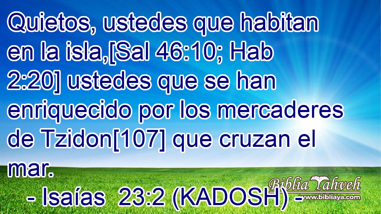  Quietos, ustedes que habitan en la isla,[Sal 46:10; Hab 2:20] ustedes que se han enriquecido por los mercaderes de Tzidon[107] que cruzan el mar. 