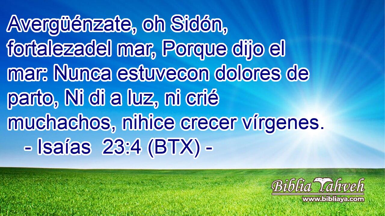 Avergüénzate, oh Sidón, fortalezadel mar, Porque dijo el mar: Nunca estuvecon dolores de parto, Ni di a luz, ni crié muchachos, nihice crecer vírgenes.