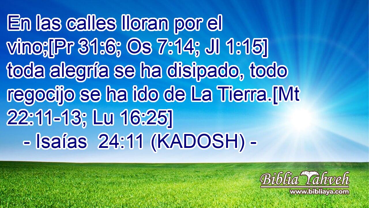  En las calles lloran por el vino;[Pr 31:6; Os 7:14; Jl 1:15] toda alegría se ha disipado, todo regocijo se ha ido de La Tierra.[Mt 22:11-13; Lu 16:25] 