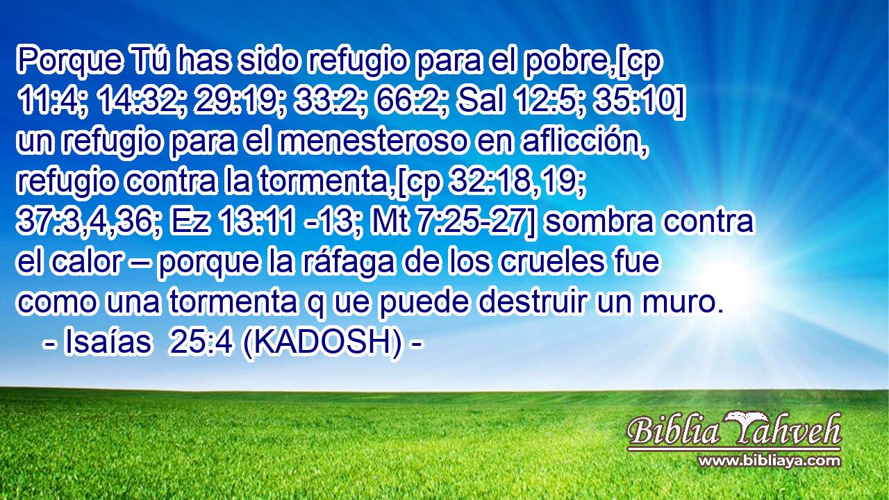  Porque Tú has sido refugio para el pobre,[cp 11:4; 14:32; 29:19; 33:2; 66:2; Sal 12:5; 35:10] un refugio para el menesteroso en aflicción, refugio contra la tormenta,[cp 32:18,19; 37:3,4,36; Ez 13:11 -13; Mt 7:25-27] sombra contra el calor – porque la ráfaga de los crueles fue como una tormenta q ue puede destruir un muro. 