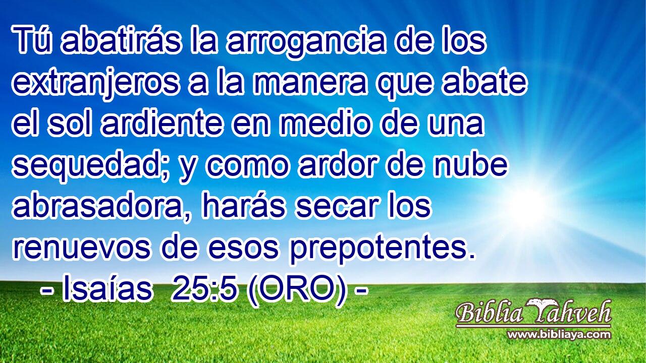  Tú abatirás la arrogancia de los extranjeros a la manera que abate el sol ardiente en medio de una sequedad; y como ardor de nube abrasadora, harás secar los renuevos de esos prepotentes. 
