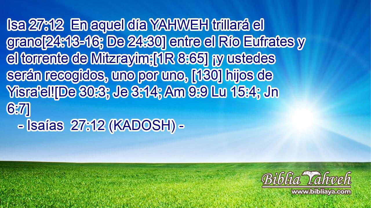  En aquel día YAHWEH trillará el grano[24:13-16; De 24:30] entre el Río Eufrates y el torrente de Mitzrayim;[1R 8:65] ¡y ustedes serán recogidos, uno por uno, [130] hijos de Yisra'el![De 30:3; Je 3:14; Am 9:9 Lu 15:4; Jn 6:7] 