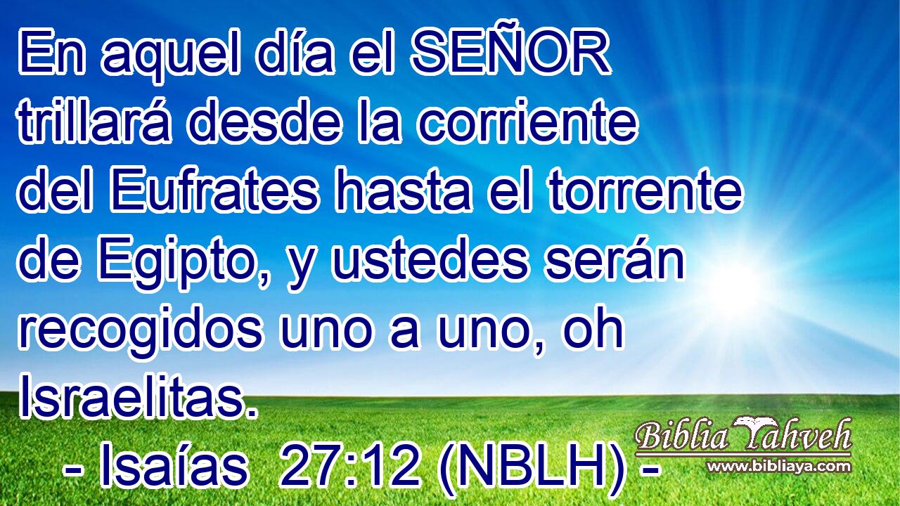  En aquel día el SEÑOR trillará desde la corriente del Eufrates hasta el torrente de Egipto, y ustedes serán recogidos uno a uno, oh Israelitas. 
